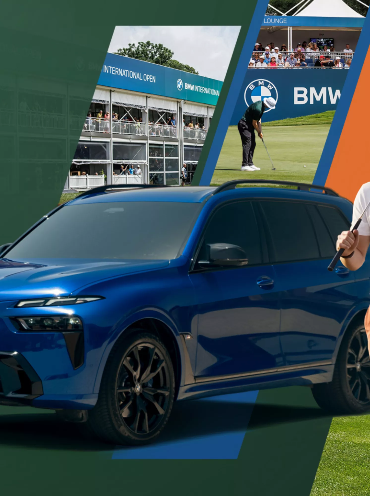 Ein blauer BMW X7 steht im Vordergrund vor grünem Hintergrund, daneben geht ein Golfer mit weißem Polo und orangefarbener Hose; im Hintergrund sind Fotos von einem Golfturnier mit BMW-Logos sowie der Text „GEWINNEN SIE FASZINIERENDE FAHRFREUDE UND EIN EXKLUSIVES GOLF-ERLEBNIS ALS VIP.“ zu sehen.